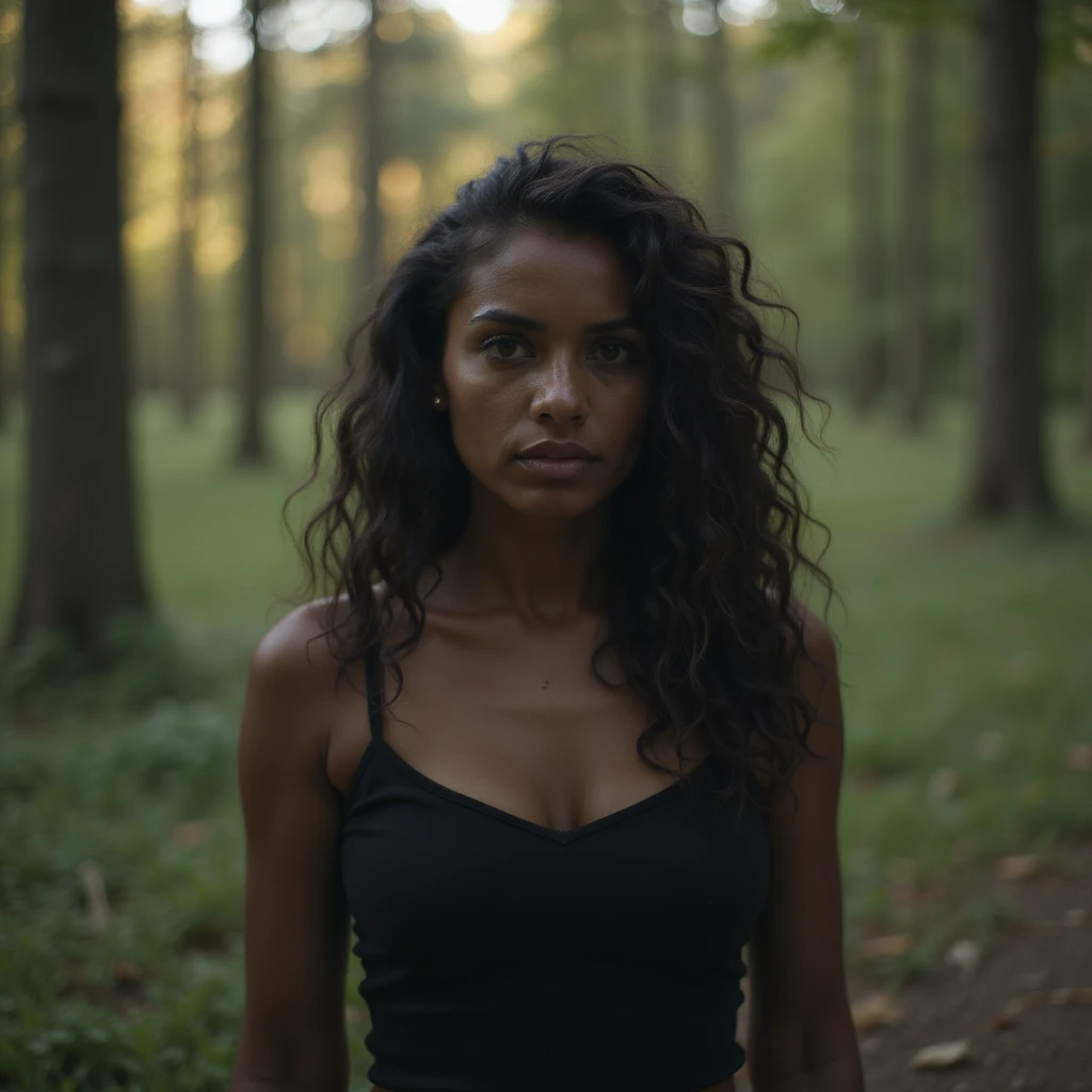 black woman in a forest, natural lighting and detailed background, photorealistic style emoji