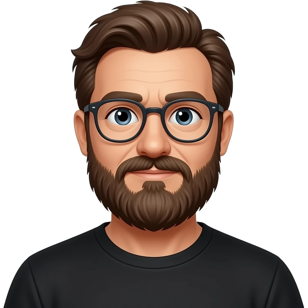 A man that is 50 years old, has an big brown beard and a smal mustash, and glasses, a black t shirt and some wite hair hair parts, and a hair that is more messy and remember not to mutch white hair emoji
