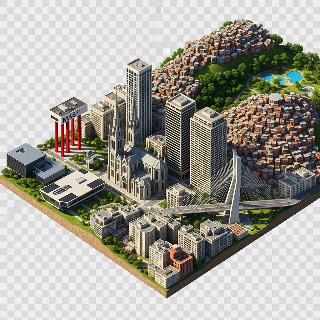 Isometric miniature of São Paulo Catedral da Sé, MASP on red pillars, Octávio Frias Bridge, and Altino Arantes building, favelas on hillsides, dense chaotic urban blocks, and green parks 3D miniature effect and Tilt Shift effect, no cartoonish look, transparent background. emoji