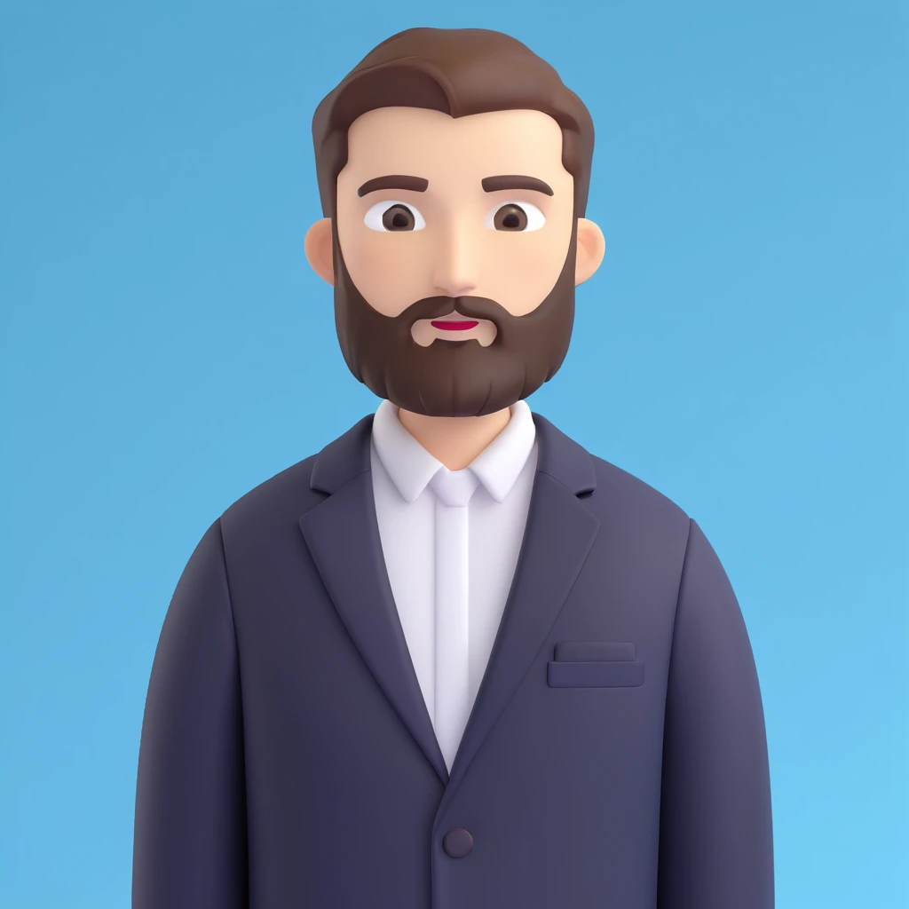 3D emoji style man with close-cropped haircut and beard, dressed in a black blazer and white shirt, blue background with a white branch graphic emoji