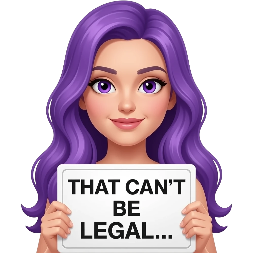 sexy girl with long purple hair and purple eyes holding a THAT CAN'T BE LEGAL... sign emoji