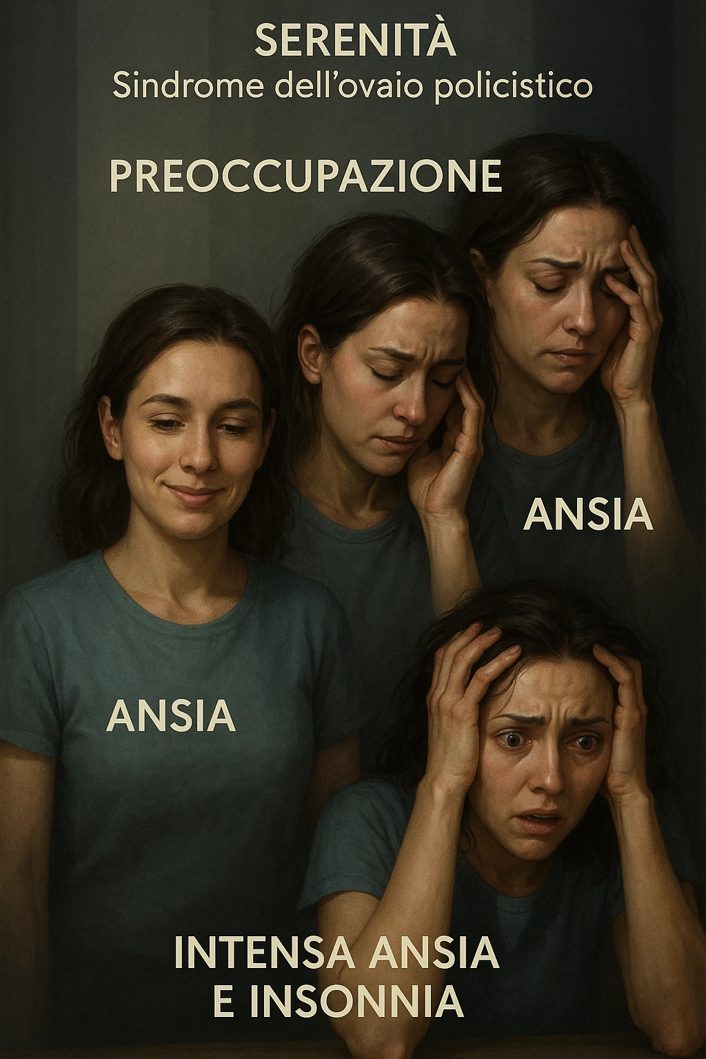 vertical realistic illustration in Italian: progression of anxiety in a woman with polycystic ovary syndrome, from serenity to intense anxiety and insomnia. Clinical atmosphere, dramatic lighting, Italian captions, aspect ratio 2:3. emoji