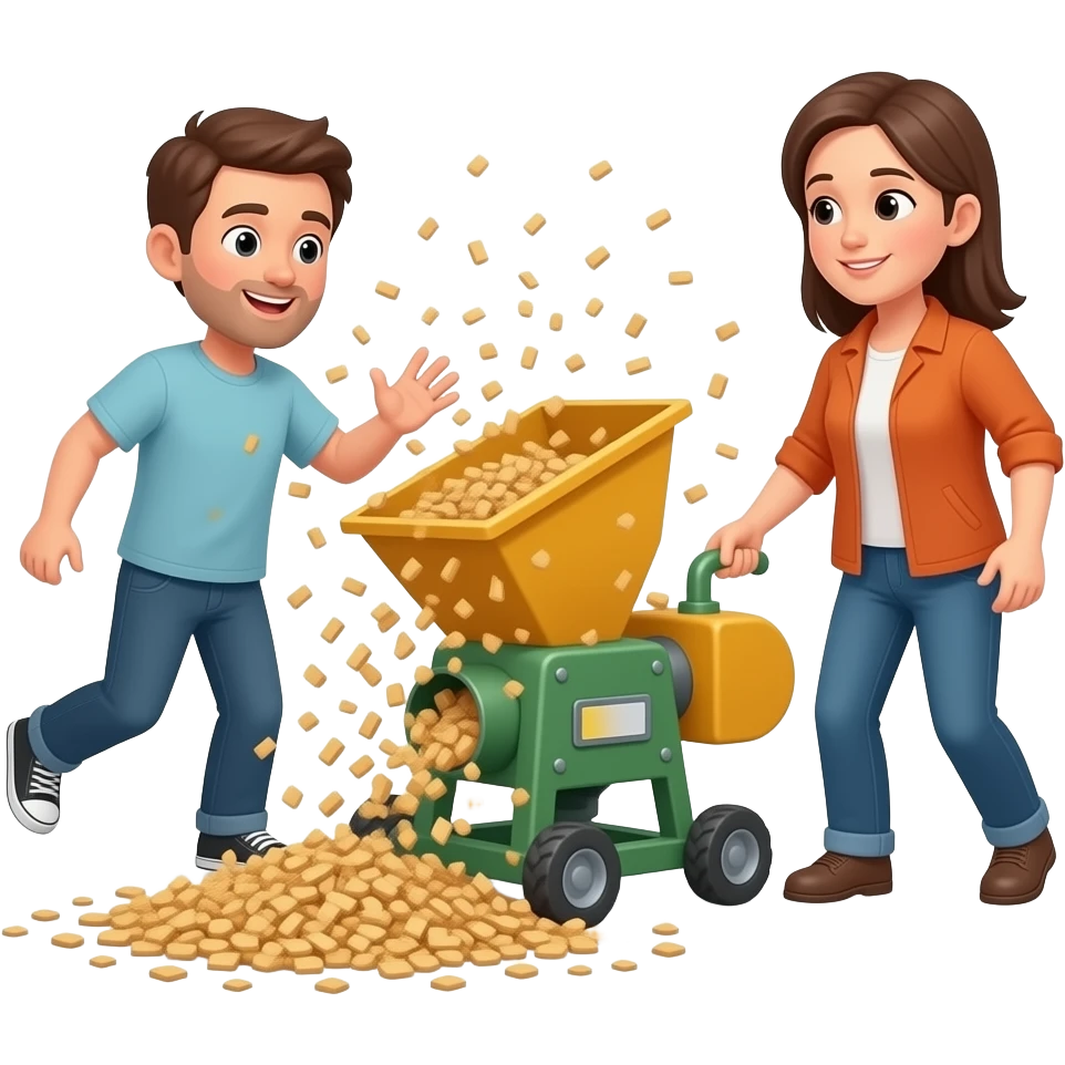 1 adult person throwing another adult to the left side of a  wood chipper and trash coming out the wood chipper and trash coming out of the wood chipper on the right side emoji
