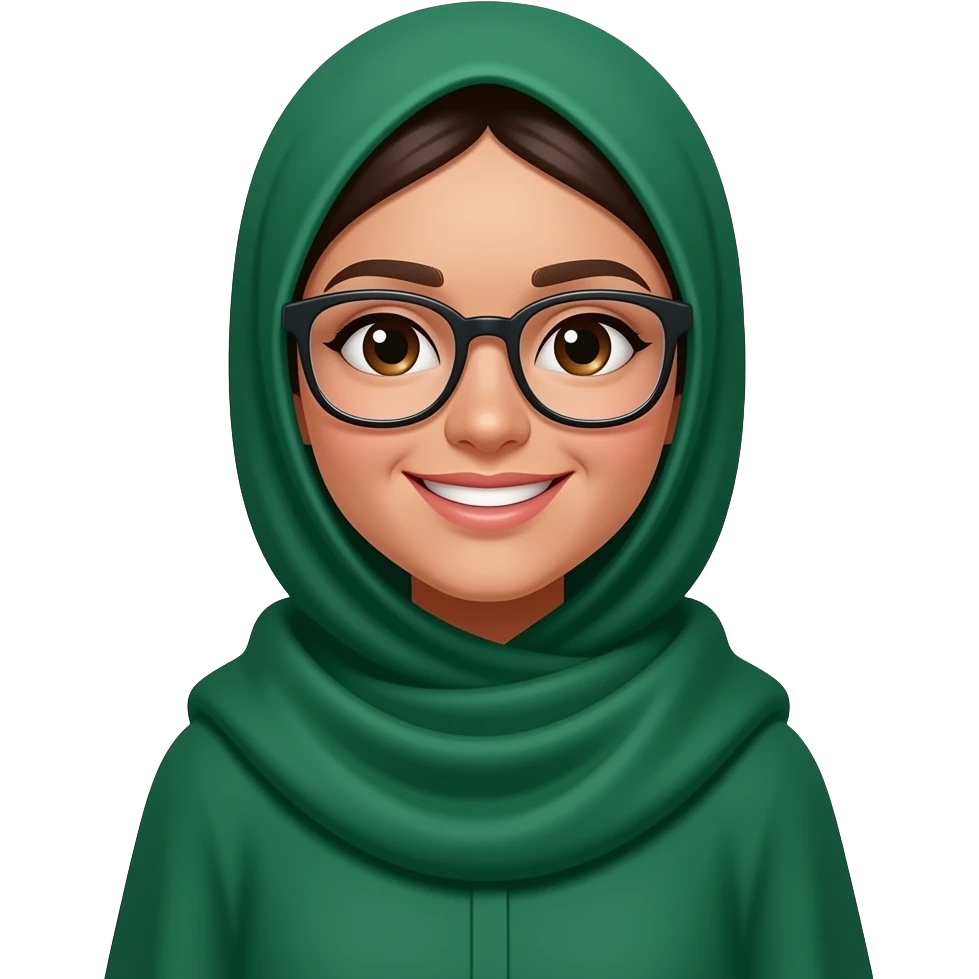 Jeune femme portant un jilbab, qui est envoyé allant de la tête aux pieds couleur émeraude, elle est souriante, elle porte des lunettes. on ne voit pas ses cheveux. emoji