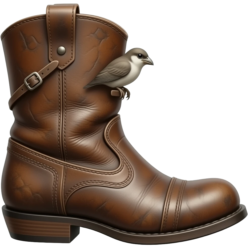 worn midieval leather boot viewed at slightly downward angle diagonally with small bird wings sticking out the side for finesse icon -  no background copy/paste emoji