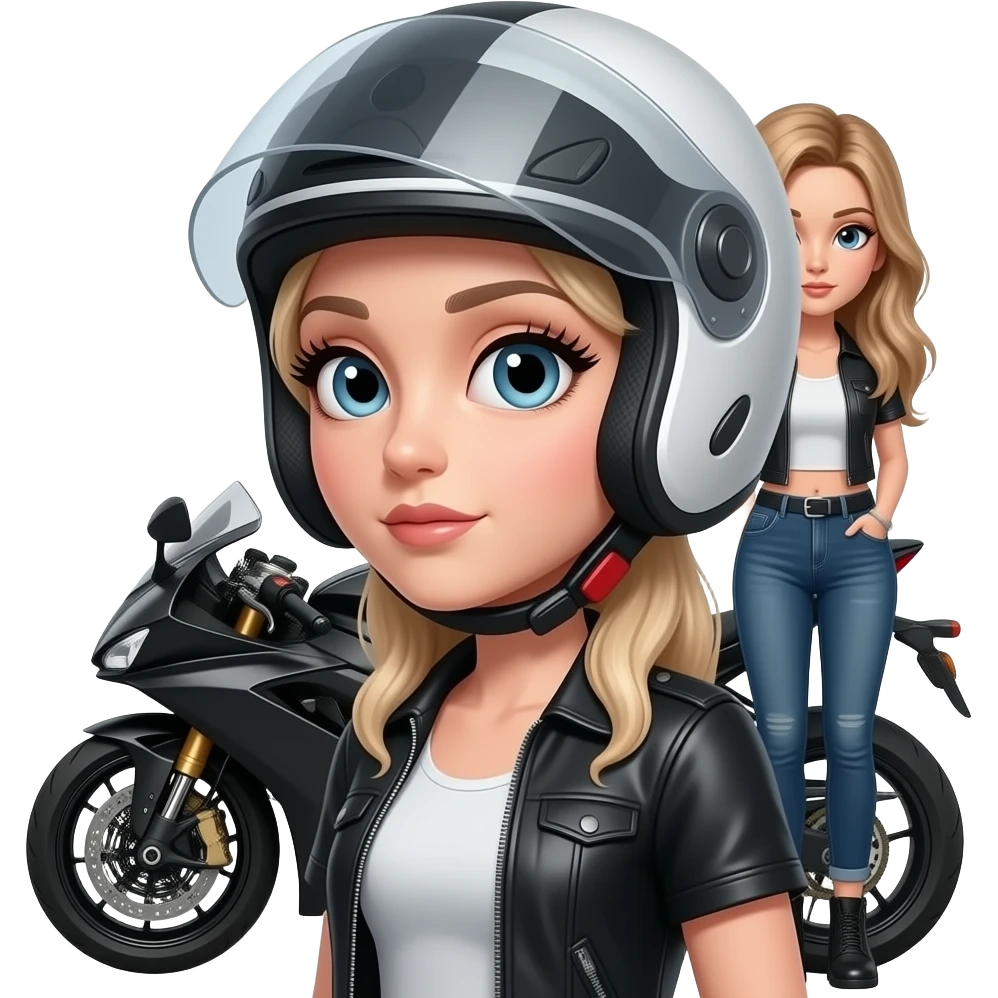 mulher com um capacete de mota que só aparece os seus olhos porem aberto e que se veja os cílios bem grandes e a mota ao lado da mulher e a mesma com roupa de motoqueira com os olhos mais relaxados emoji