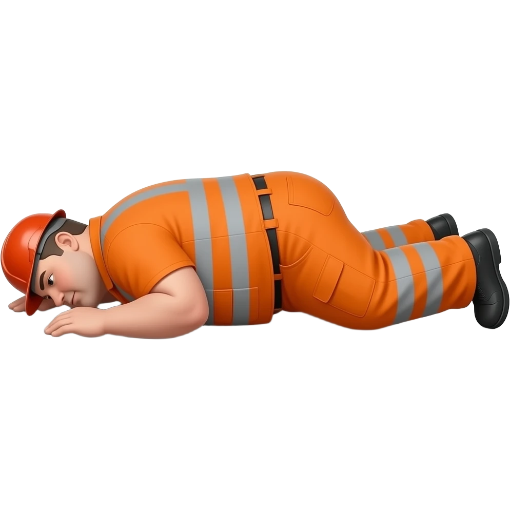 fat MAN IN ORANGE HIVIS OVERALLS, laying face down on floor, side view emoji