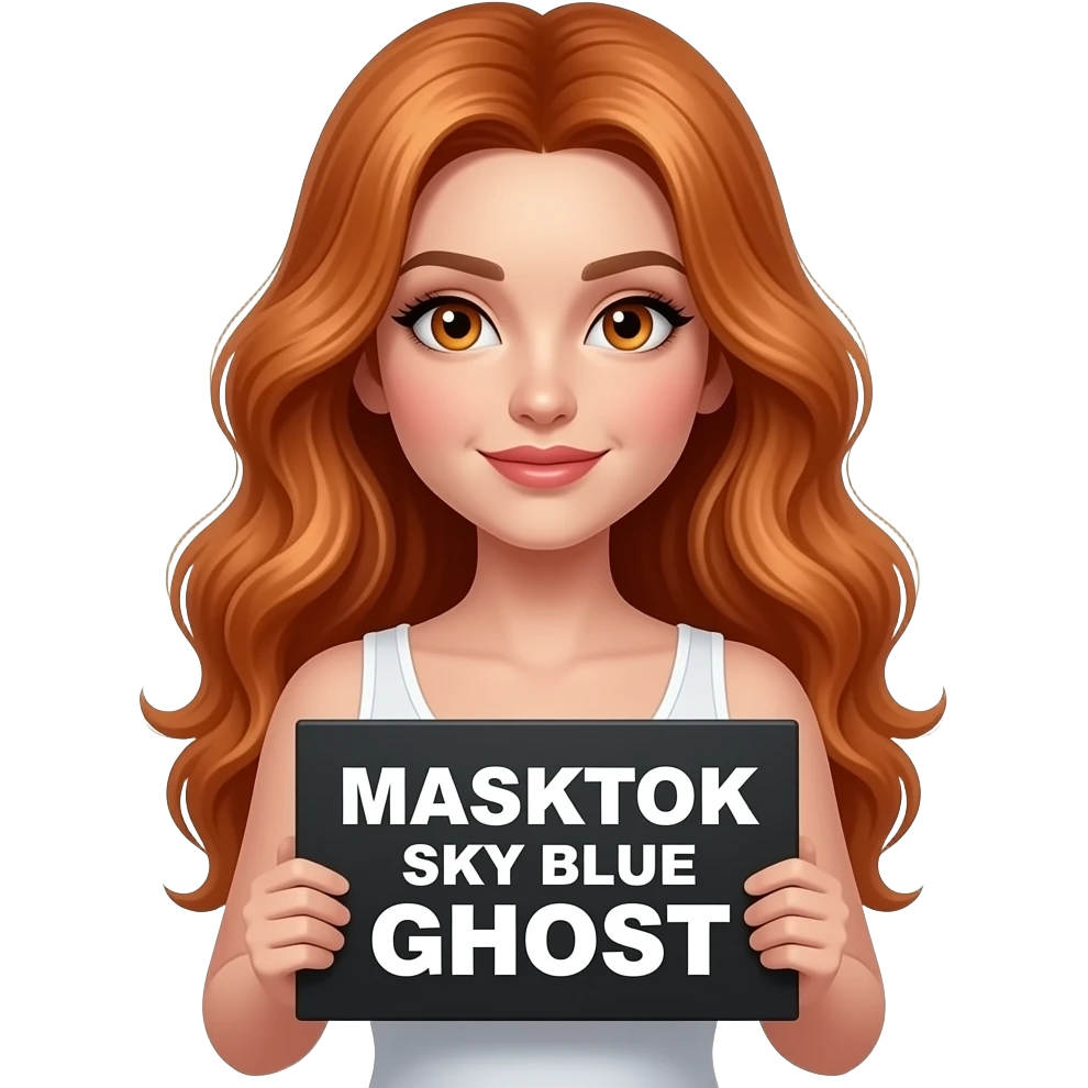sexy girl with long wavy ginger hair and ginger eyes wearing a white tanktop is holding a black colored sign with MASKTOK SKY BLUE GHOST written on it emoji