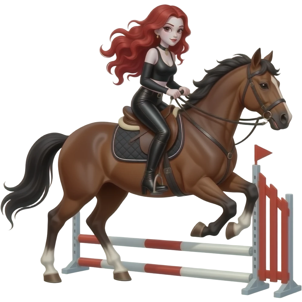 Vampiro femmina ADOLESCENTE con pelle bianca e capelli rosso ondulati lunghi in una coda che indossa dei pantaloni di pelle neri un top con maniche lunghe neroe degli stivali lunghi neri con tacco che cavalca un cavallo e fa' una gara ad ostacoli emoji
