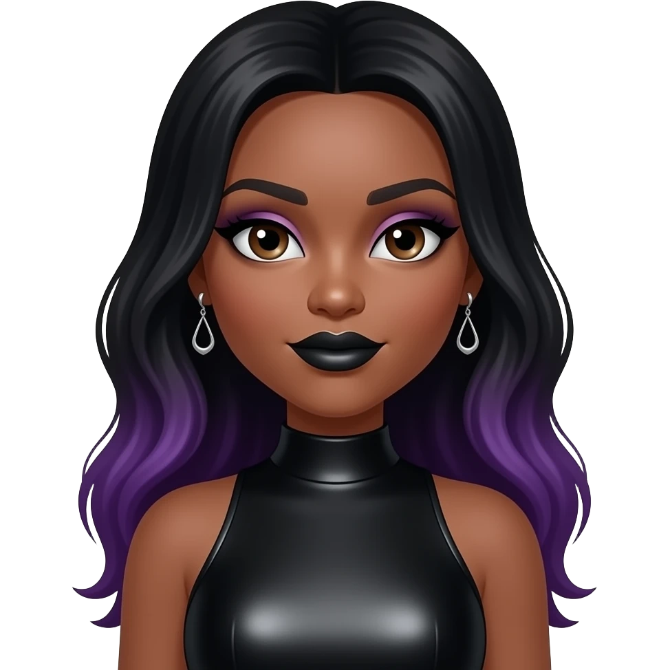 Moriah from Glamour with dark skin, dark brown eyes, long black hair with purple ombre, black eyeshadow, black lipstick, black metallic high neck dress, earrings emoji