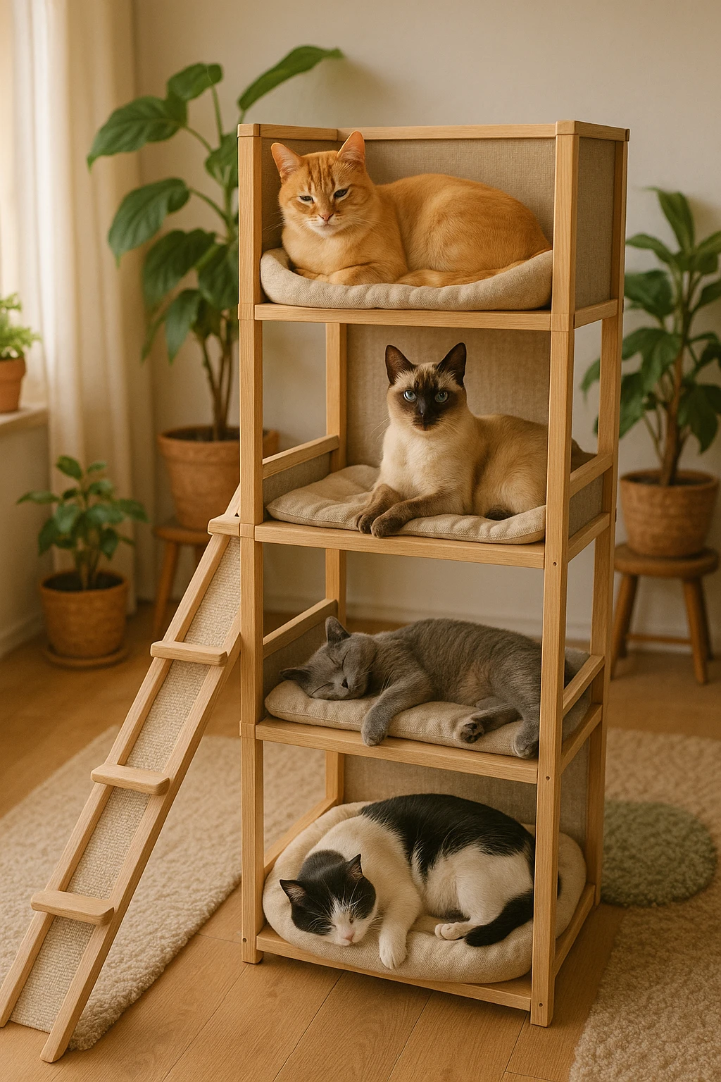 cats relaxing in a vertical playhouse emoji