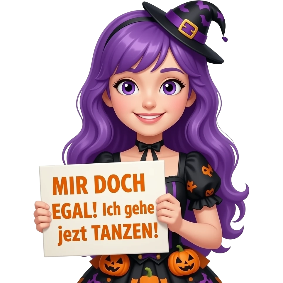 girl with long purple hair wearing a halloween costume holding a MIR DOCH EGAL! Ich gehe jetzt TANZEN! sign emoji