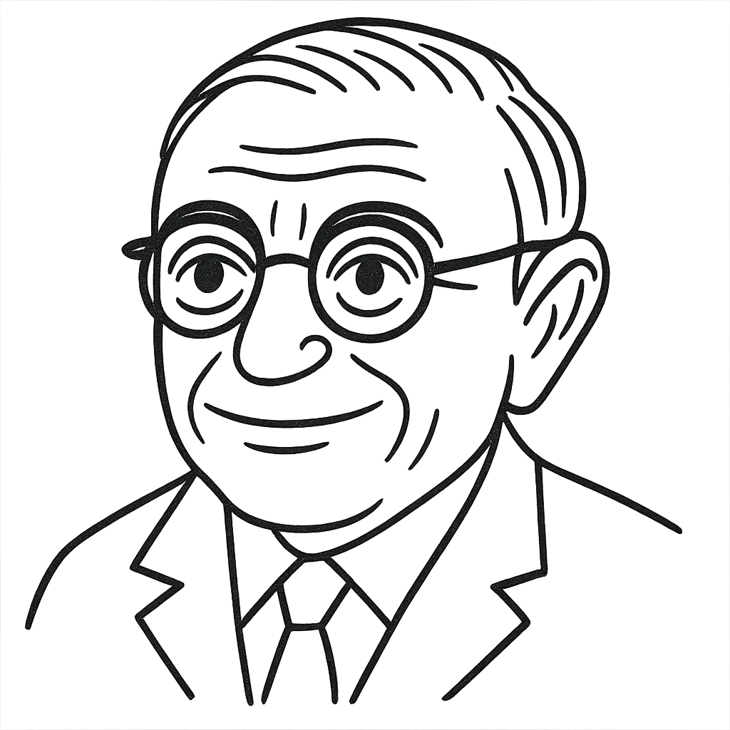 Reduce the number of strokes in the Jean-Paul Sartre black outline drawing, keeping it detailed and hand-drawn but with cleaner, more economical linework. Maintain the neutral smile, round glasses, and transparent background. emoji