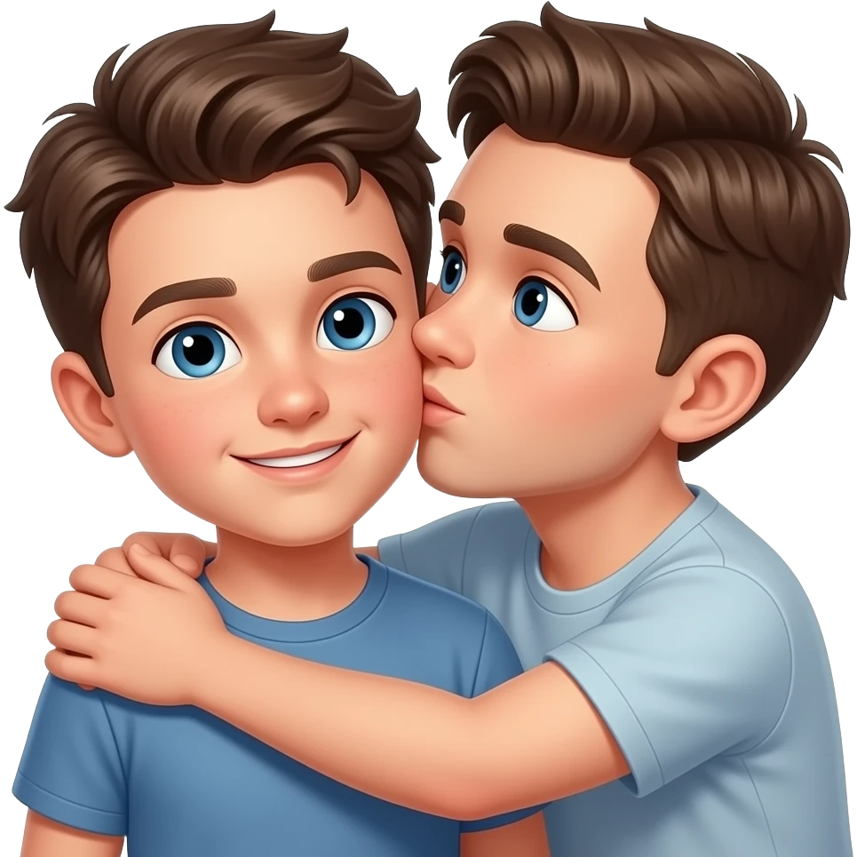 Erstelle ein Emoji von zwei Brüder, der eine um die 22 und der andere um die 26, der älter Bruder legt sein Arm über sein jüngeren Bruder und küsst ihn auf die Wange. Beide haben blaue Augen emoji