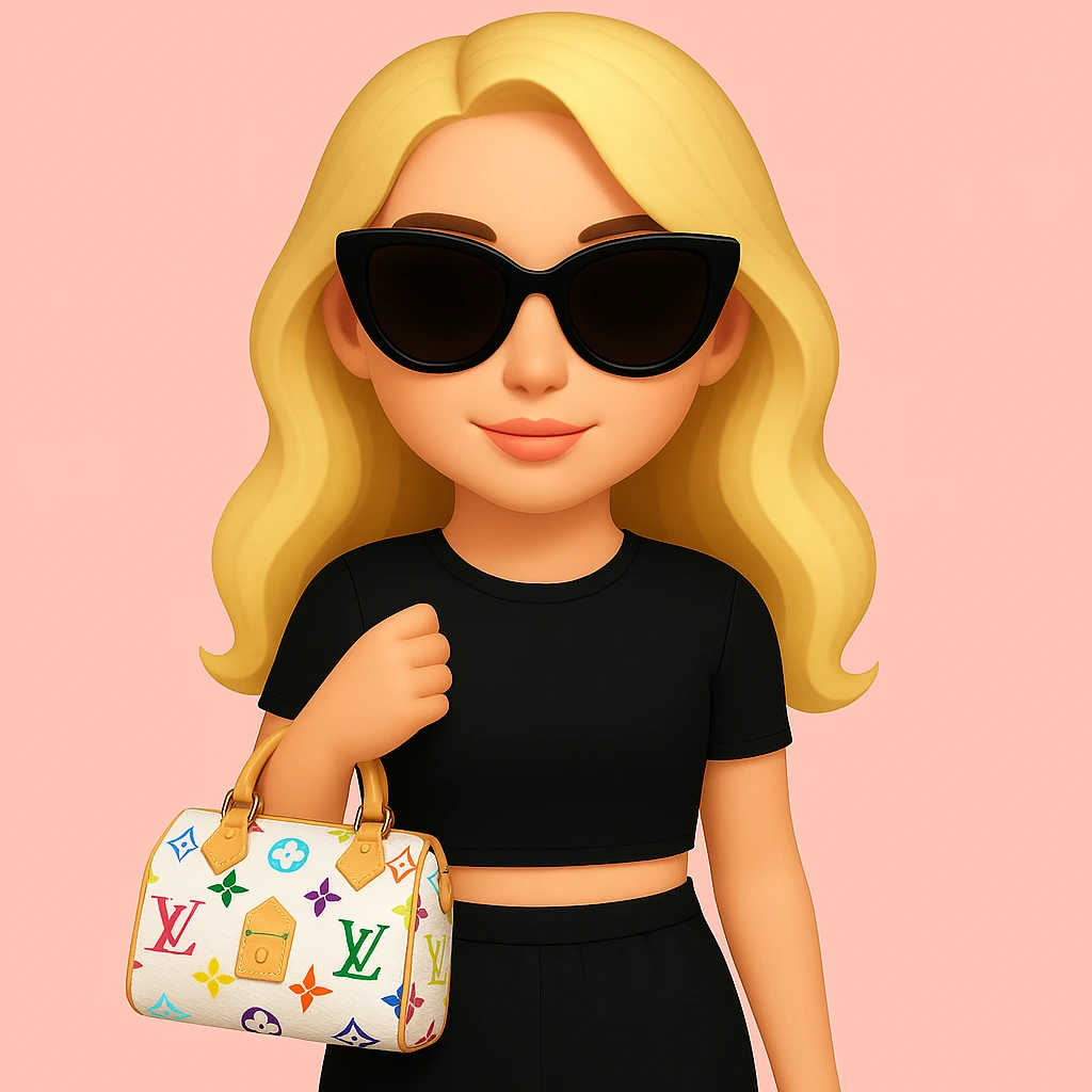 Remove all jewelry, make her lips a lighter pink, adjust her skin tone to be slightly more tan, and change the Louis Vuitton bag to a Speedy 30 Multicolore in white with rainbow monogram. Keep the pink background and sunglasses. emoji