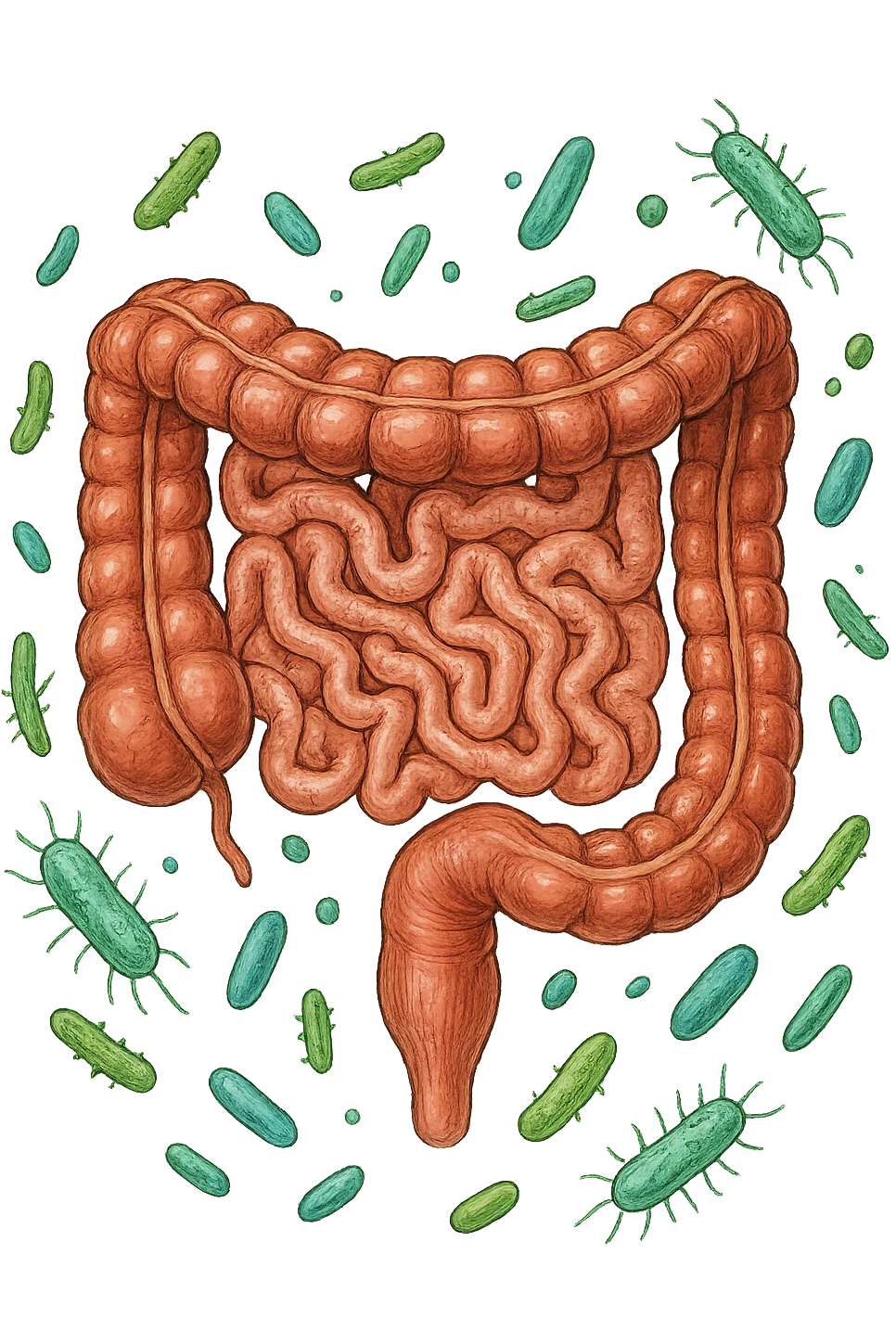 intestino umano anatomico con qualche batterio intestinale che gli fluttua intorno, ISOLATO SU SFONDO BIANCO emoji