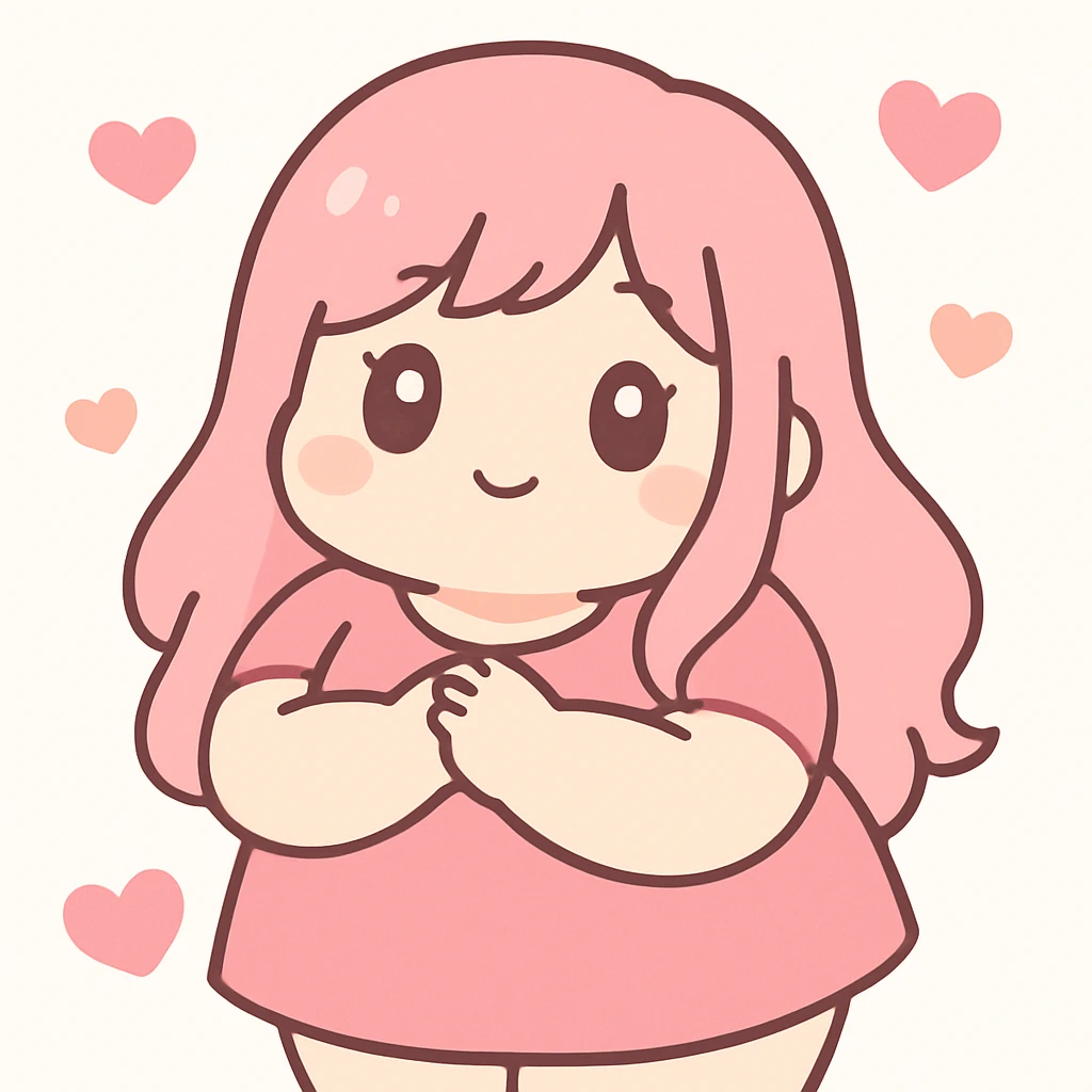 bbw anime girl surrounded by floating hearts, kawaii anime style, pink and red color palette emoji