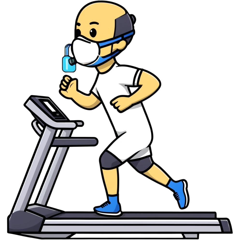 Runner on treadmill wearing oxygen consumption mask with tubes and sensors, VO2 max test in progress emoji