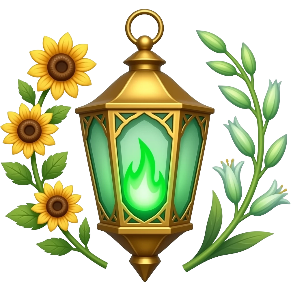 A golden hanging lantern with a bright emerald green flames, an empty loop on top, fae filigree themed sunflowers on the left and asphodels on the right as part of the design, but simple focus more on the green flames, paint the glass more green, have its bottom point come to some sort of point emoji