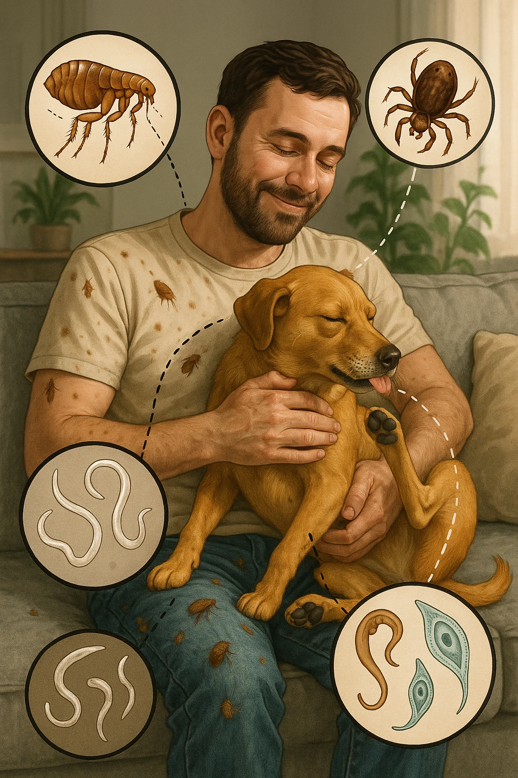 "Man cuddling with his beloved dog on couch, unaware that fleas, ticks, and worms are jumping from pet's fur onto his clothing, microscopic visualization showing roundworms, hookworms, and giardia transferring between species, expression of loving pet owner ignorant of health risks, living room becoming cross-contamination zone, pet's scratching and licking spreading parasites to human environment" in italiano emoji