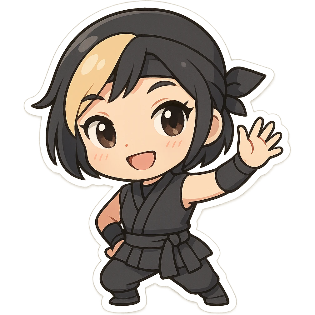 Chibi ninja girl with black short hair and a blonde streak, big head, small body and arms, not overly round or infant-like, cute and playful, anime-style face with large expressive eyes, small nose and mouth, subtle blush, hand fully raised, waving to the right, smiling, pastel colors, soft shading, clean outlines, no mask, transparent background, face looks sexy with slightly parted lips, confident gaze, longer lashes, subtle contouring, for animation frame 4 emoji