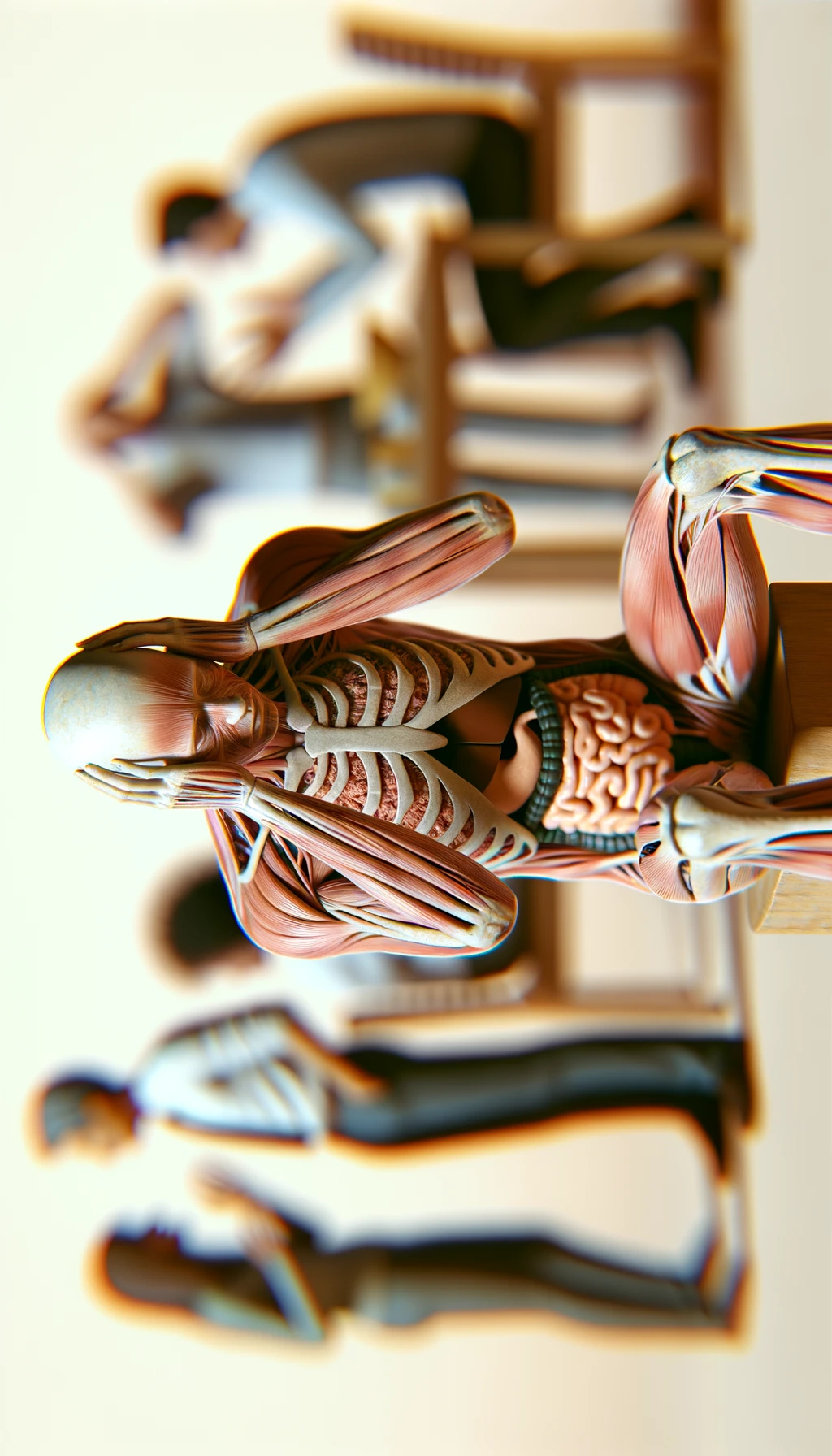CORPO UMANO ANATOMICO SEDUTO a casa sua con intestinoa anatomico visibile CON PERSONE SFOCATE SULLO SFONDO CHE GLI PARLANO contro E LO ASSILLANO, LUI SI TIENE LE MANI SULLA TESTA ED è MOLTO STANCO E STRESSATO: non riesce ad ascoltare tutti quelli che gli stanno parlando, sfondo sul beige chiaro, IPERREALISTICO 4K emoji