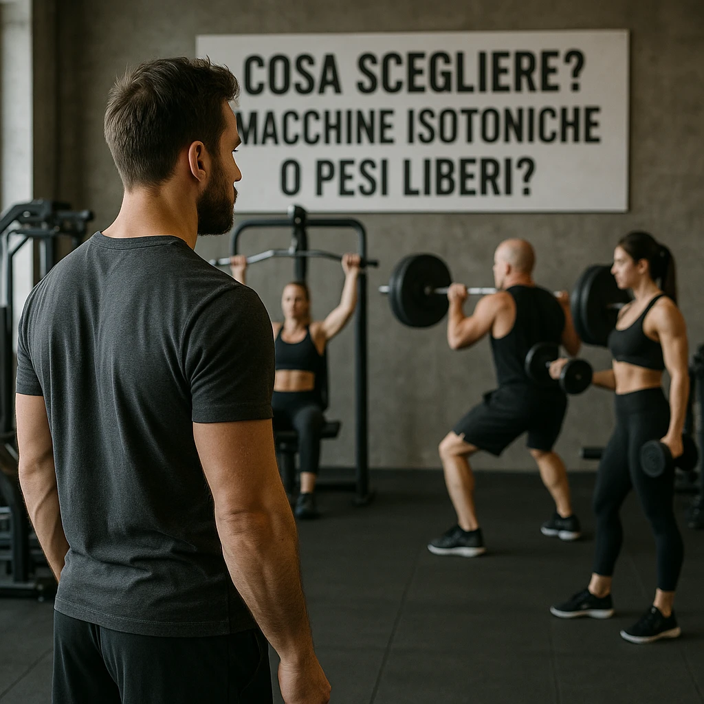 Realistic detailed scene of a man observing other athletes: some using isotonic machines, others free weights, with a sign in the background saying 'Cosa scegliere? Macchine isotoniche o pesi liberi?', atmosphere of observation, 4K quality. emoji