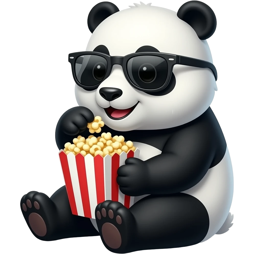 Panda sitting down sideway wearing sunglasses eating a bag of popcorn emoji