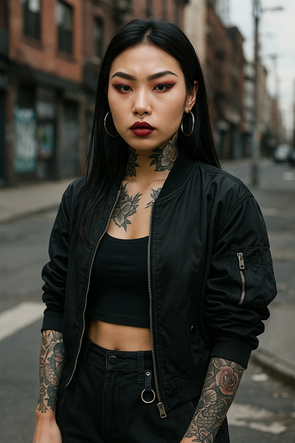 asian girl with arm and neck tattoos, edgy streetwear, bold look emoji