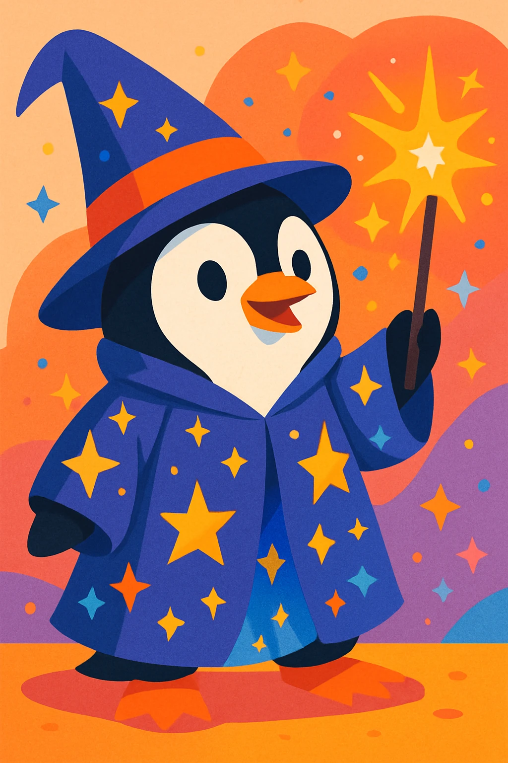 penguin wizard casting a spell, with sparkles and a starry robe, vibrant toon style emoji