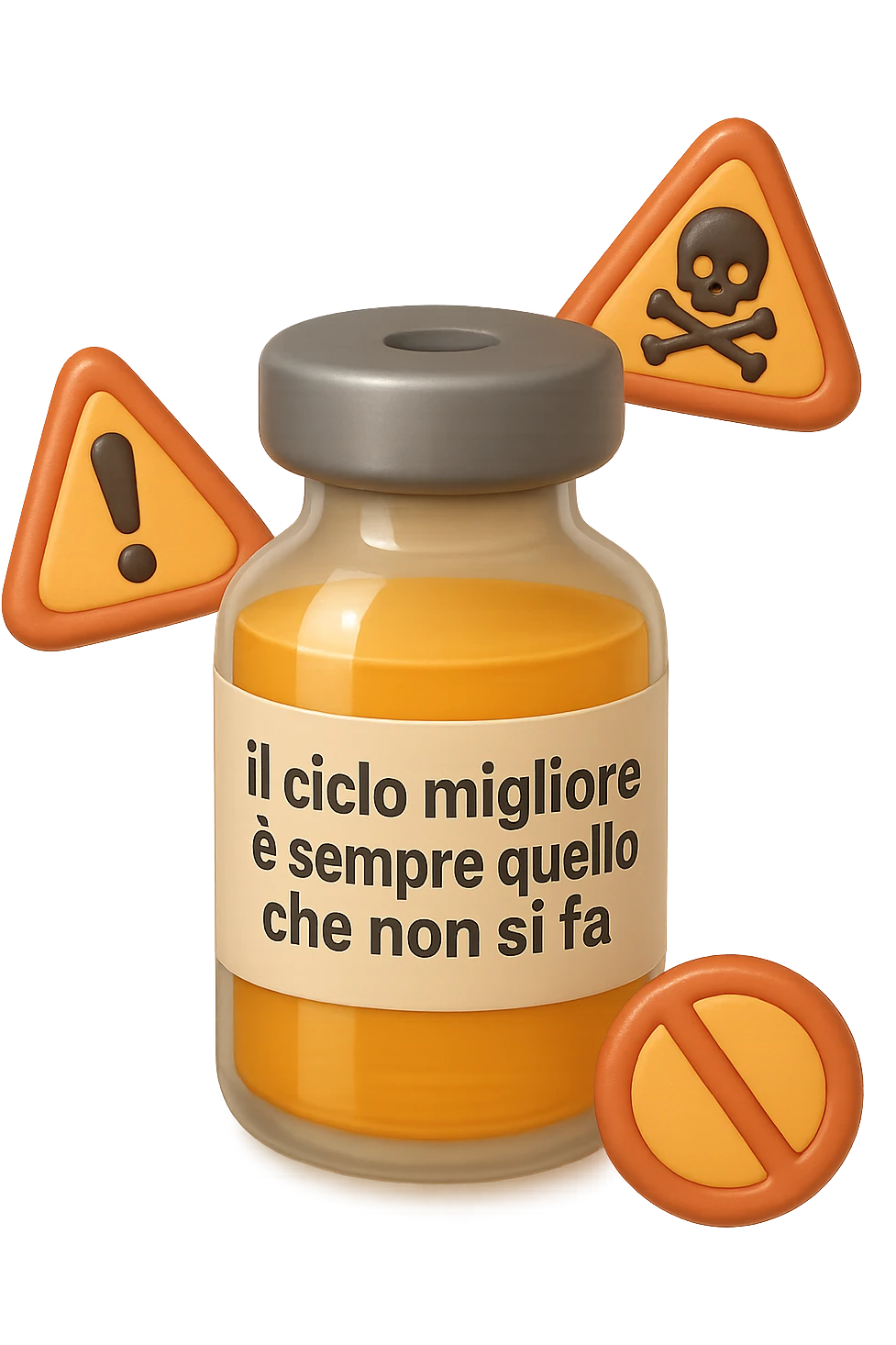 SU QUESTO STILE FAI UN EMOJI STILE IPHONE 3D DI UNa boccetta di fiala medica attorno alla quale fluttuano segnali di pericolo, sull'etichetta della boccetta c'è scritto "il ciclo migliore è sempre quello che non si fa", FALLO MOLTO REALISTICO IN 3D emoji