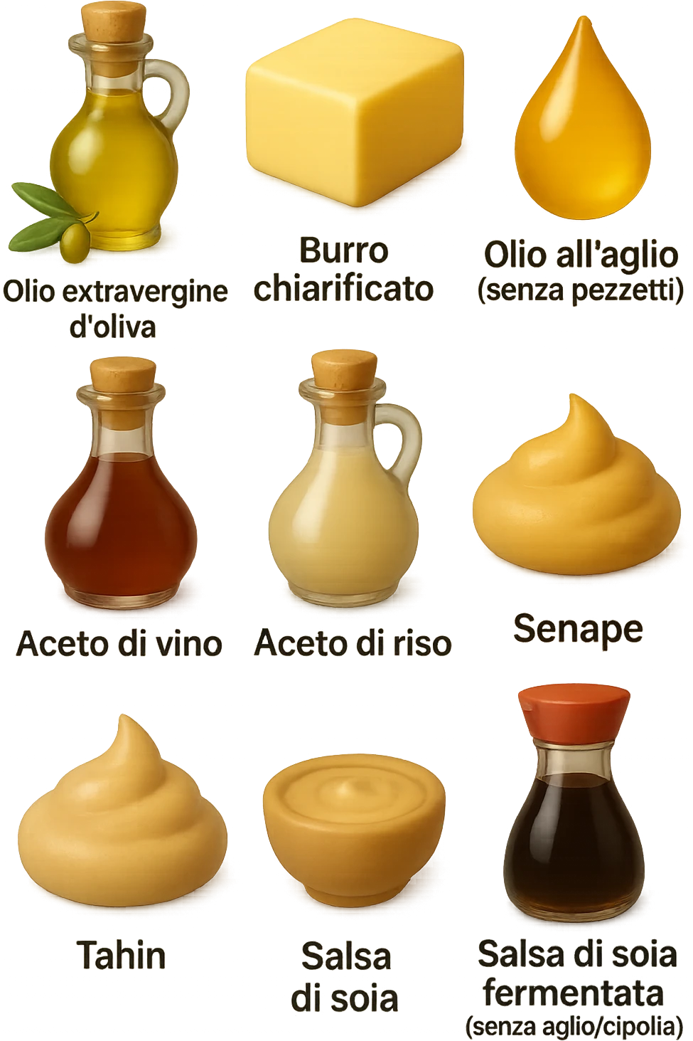 emoji stile iphone 3d di questi elementi che fluttuano in aria sparsi casualmente:

Olio extravergine d’oliva, burro chiarificato
Olio all’aglio (senza pezzetti)
Aceto di vino, aceto di riso, senape, tahin
Salsa di soia fermentata (senza aglio/cipolla)


 che fluttuano sparse casualmente in aria, le etichette dei prodotti scrivile in italiano, iperealistico 4k emoji
