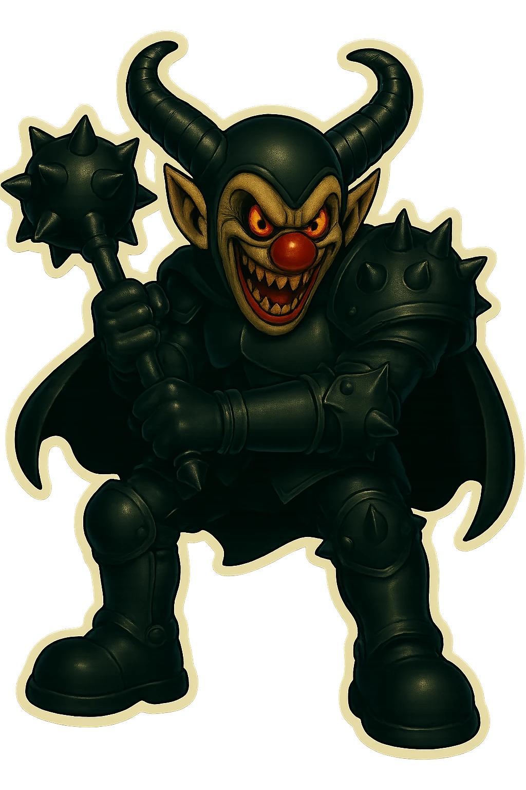 A menacing armored clown with ram horns, holding a mace with an oversized spiked head, wearing a short cape and glossy black on matte black armor, with large but not comically oversized black clown shoes, full body, vibrant retro stickers style, no yellow aged tint, glowing gold-red eyes, with a spike on the knee armor, a spike on the elbow, and multiple spikes on the shoulder armor, transparent background. emoji
