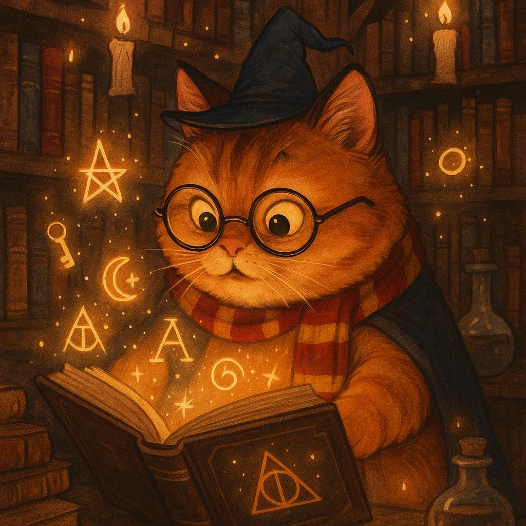 a chubby orange cat reading a spellbook, Harry Potter inspired, magical, fantasy emoji