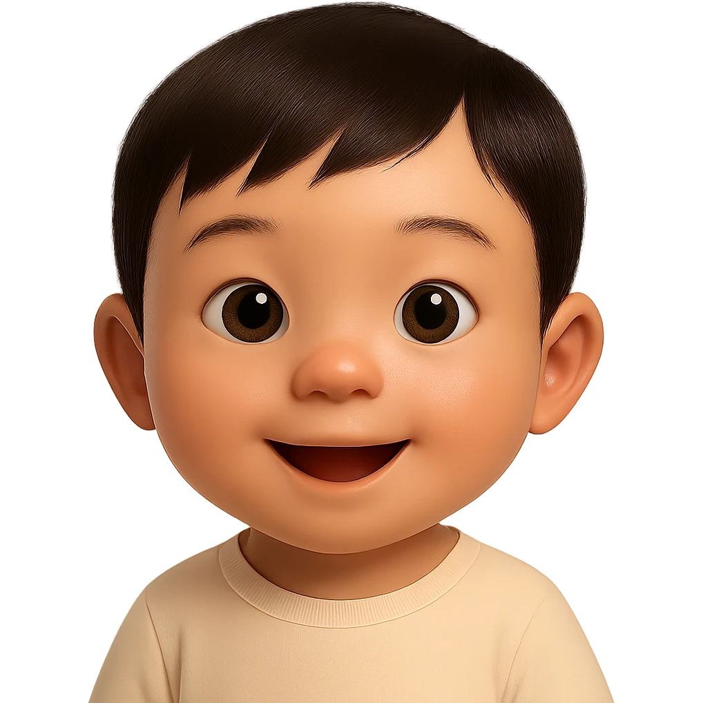 Increase realism to 80% while keeping the cute Asian baby boy emoji look. Use a soft glossy texture and no background. Maintain the emoji style but enhance realistic features subtly. emoji