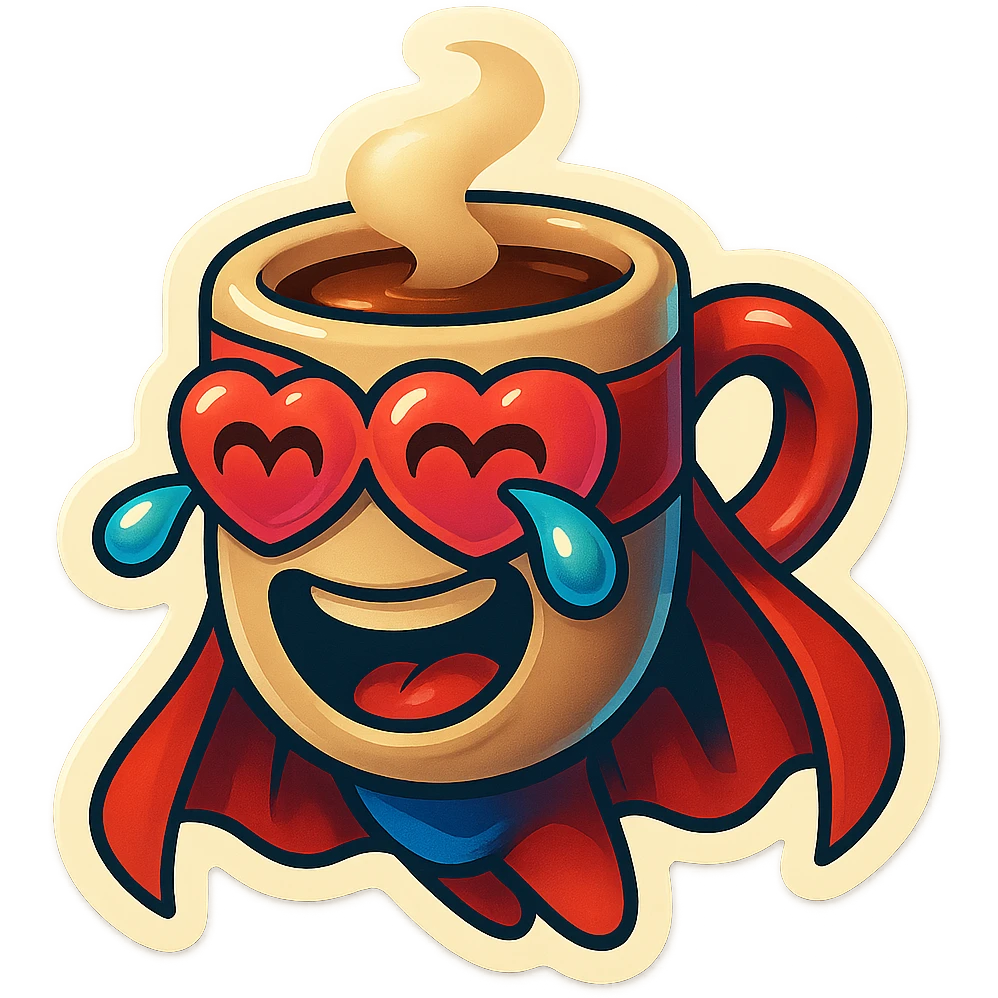 superhero head, coffee creature, heart glasses, laughing with tears in eyes emoji