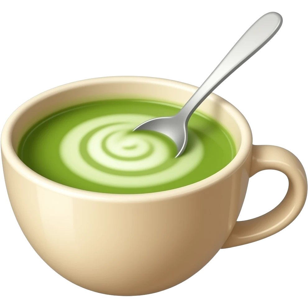 Emoji-style illustration of matcha being stirred in a cup, light beige cup with green matcha and soft foam, spoon creating a swirl, minimal, clean, soft colors. emoji
