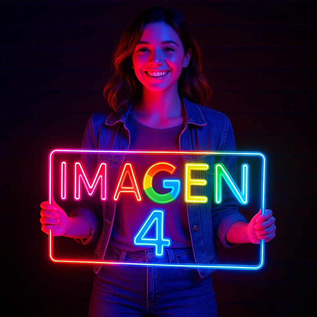 make a girl holding this sign, but sign in made of neon emoji