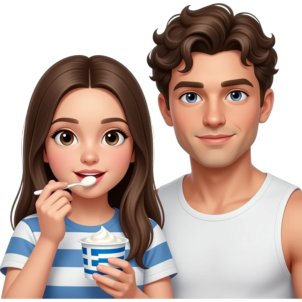 Realistic pale skin brown long straight hair girl eating greek yogurt with her short brown curly hair muscular man HD emoji