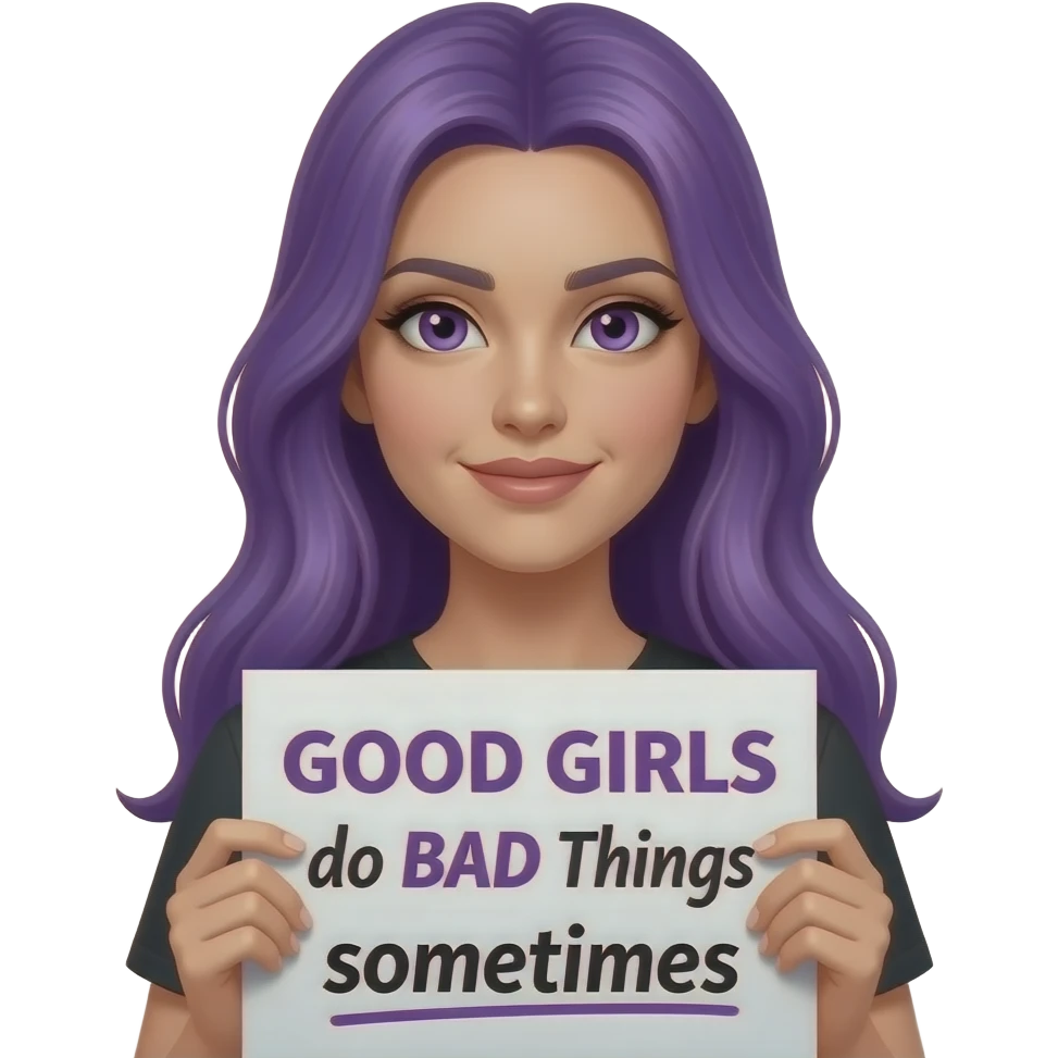 sexy girl with long purple hair and purple eyes holding a GOOD GIRLS do BAD THINGS sometimes sign emoji
