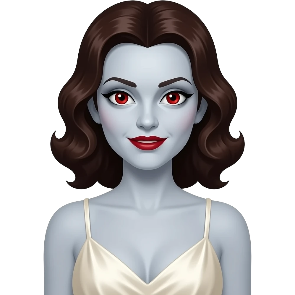 Bride of Dracula from Heroes and Villains with pale-grey skin, red eyes, dark brown 1930s wavy hair, ivory silk nightgown emoji