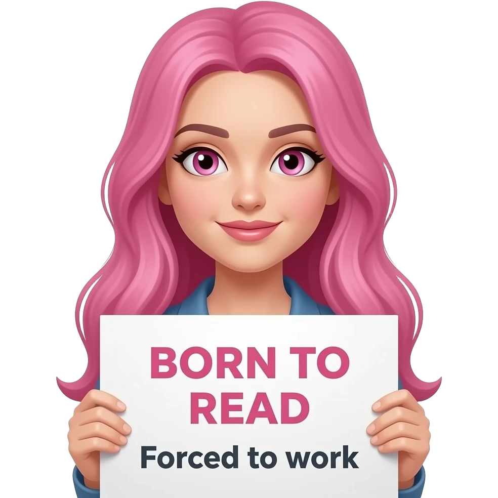 sexy girl with long pink hair and pink eyes holding a BORN TO READ Forced to work sign emoji