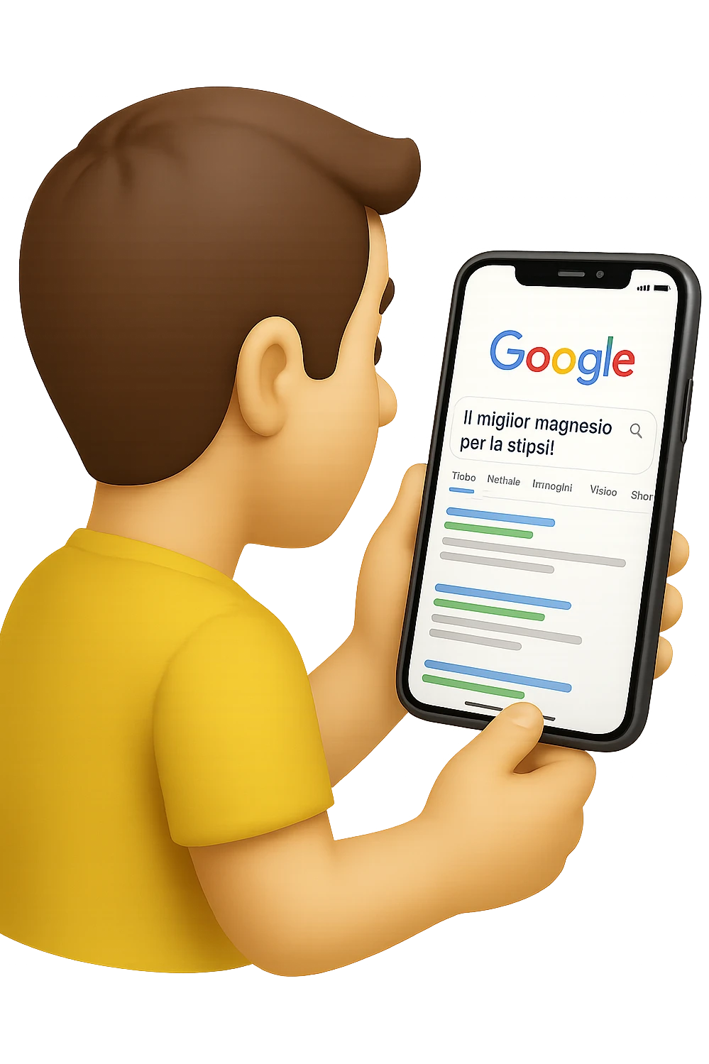 emoji stile iphone di un uomo davanti al pc che cerca di google: "Il miglior magnesio per la stipsi", iperrealistico 4k emoji