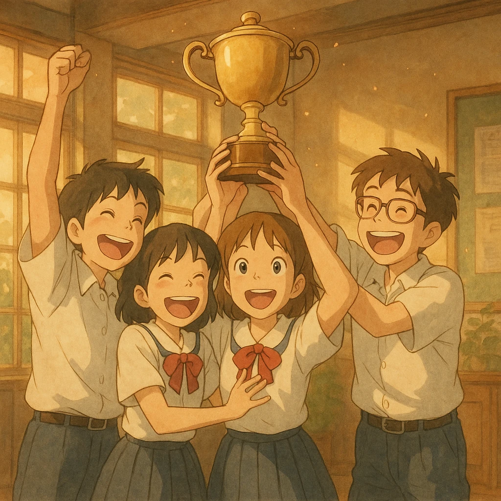 four students in a warm atmosphere lifting a trophy, joyful atmosphere, ghibli style emoji