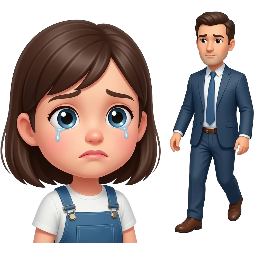 little girl looking at a man leaving, sad and confused expression, slightly teary eyes, lips slightly pressed, emotional, minimalist flat design, warm muted tones, consistent style, same character design, no background, cinematic emotion emoji