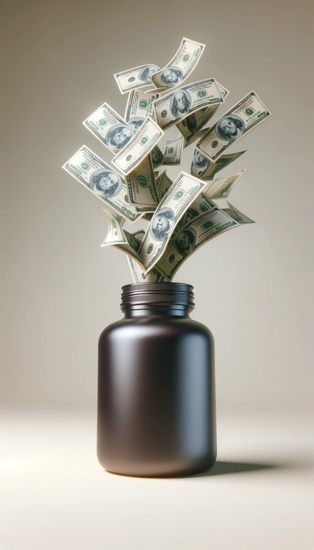 boccetta di integratore fluttua in aria, dalla boccetta aperta escono delle banconote, sfondo neutro chiaro, iperrealistico 4k emoji