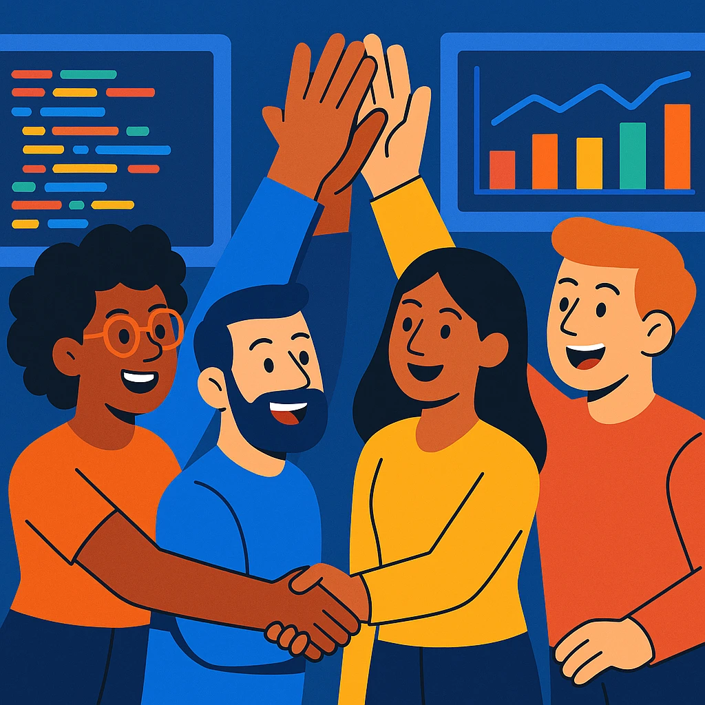 équipe IA/ML diverse célébrant un succès, high five collectif, arrière-plan avec écrans de code et graphiques, style vibrant et professionnel emoji