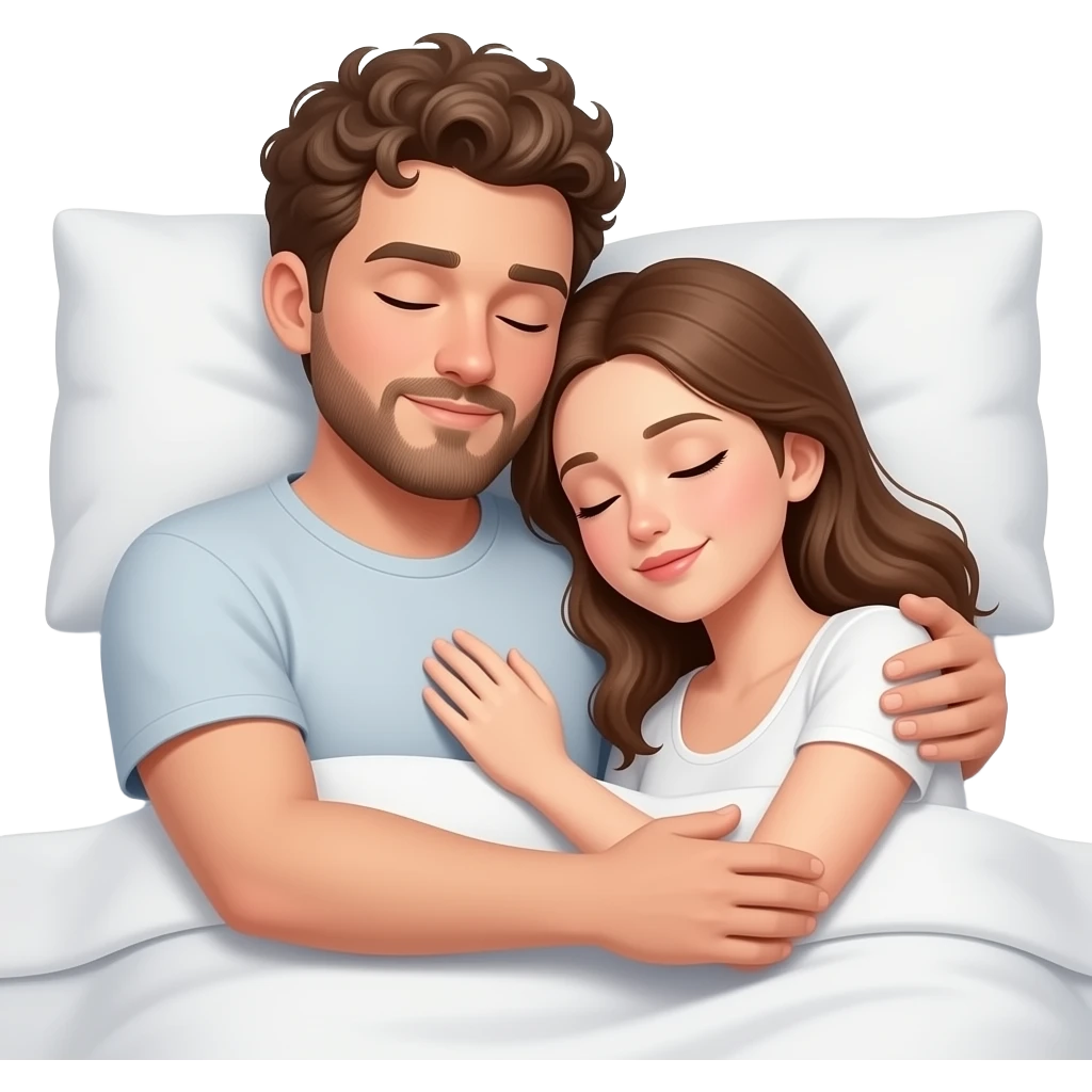 Realistic white man brown super short curly hair with beard hugging while sleeping in bed with realistic white girl brown hair emoji