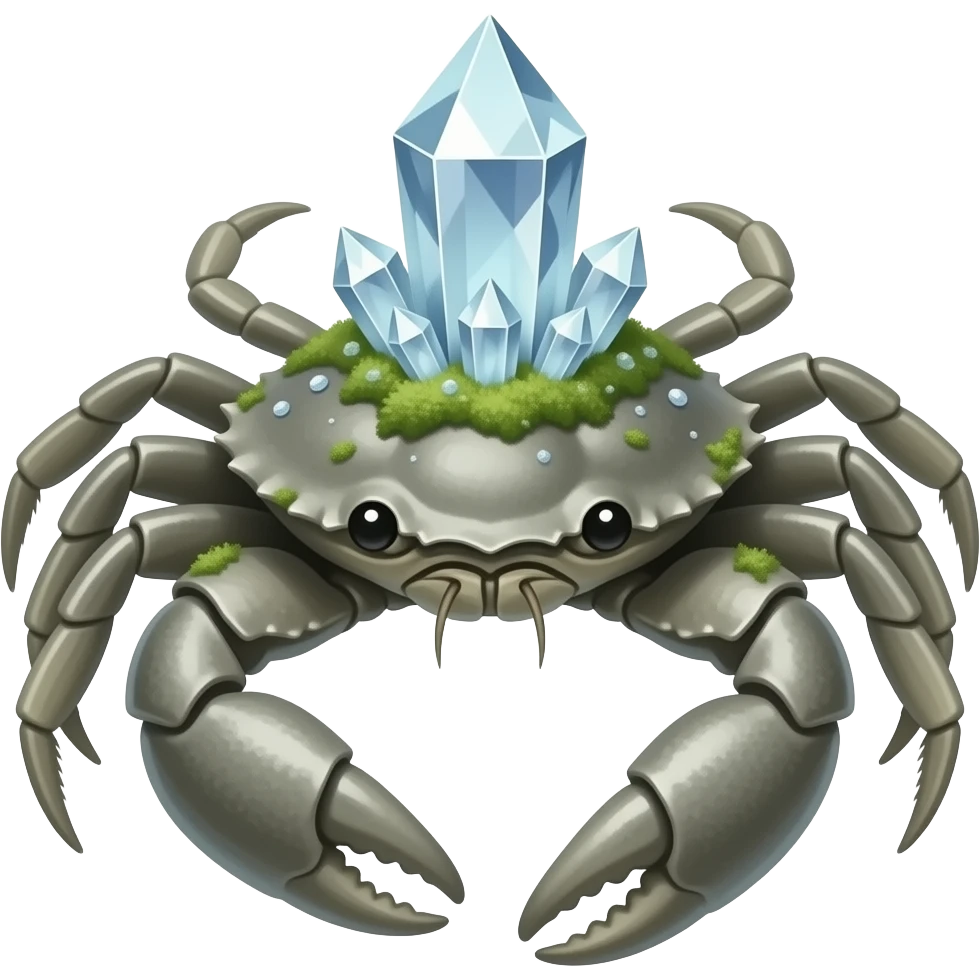 A crab with  in a crystals in a big Crystal on its back with tiny crystals in with moss growing on it and gray emoji