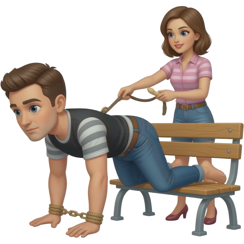 A guy got bent over on all fours tied to a bench with a girl standing behind him with a fake strap on dildo to fuck pegging him with emoji
